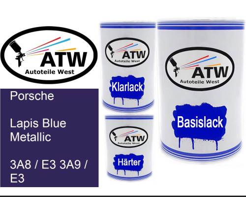 Porsche, Lapis Blue Metallic, 3A8 / E3 3A9 / E3: 500ml Lackdose + 500ml Klarlack + 250ml Härter - Set, von ATW Autoteile West.